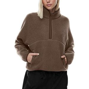 LASLULU Womens Half Zip Pullover Cropped Sweatshirts Sherpa Fleece Jacket Fuzzy Sweaters Cute Winter Jackets with Pockets(Gravel)