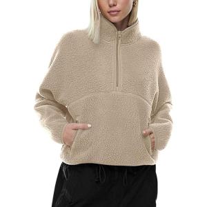 LASLULU Womens Half Zip Pullover Cropped Sweatshirts Sherpa Fleece Jacket Fuzzy Sweaters Cute Winter Jackets with Pockets(Khaki)