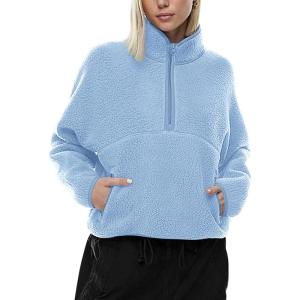 LASLULU Womens Half Zip Pullover Cropped Sweatshirts Sherpa Fleece Jacket Fuzzy Sweaters Cute Winter Jackets with Pockets(Light Blue)