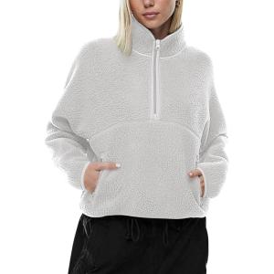 LASLULU Womens Half Zip Pullover Cropped Sweatshirts Sherpa Fleece Jacket Fuzzy Sweaters Cute Winter Jackets with Pockets(Light Grey)
