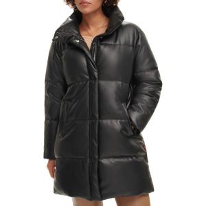 Levi’s womens Faux Leather Mid-length Puffer Coat(Black)