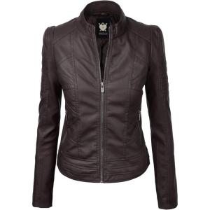Lock and Love Slim Fit Stylish Vegan Leather Moto Jacket for Women – PU Biker Motorcycle Coat(Wjc746_coffee)