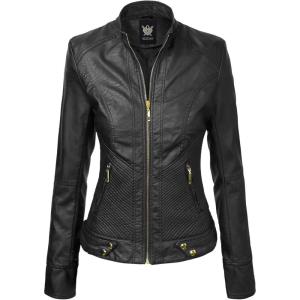 Lock and Love Slim Fit Stylish Vegan Leather Moto Jacket for Women – PU Biker Motorcycle Coat(Wjc747_black)
