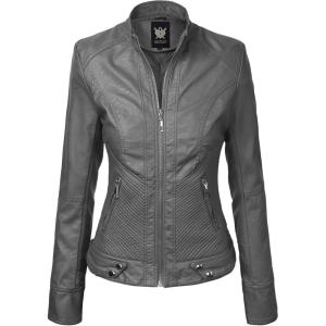 Lock and Love Slim Fit Stylish Vegan Leather Moto Jacket for Women – PU Biker Motorcycle Coat(Wjc747_grey)