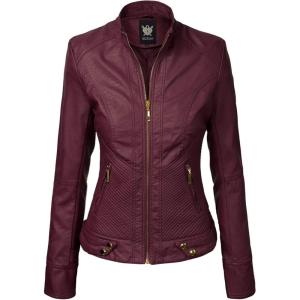 Lock and Love Slim Fit Stylish Vegan Leather Moto Jacket for Women – PU Biker Motorcycle Coat(Wjc747_wine)