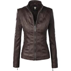 Lock and Love Slim Fit Stylish Vegan Leather Moto Jacket for Women – PU Biker Motorcycle Coat(Wjc877_coffee)