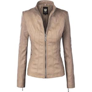 Lock and Love Slim Fit Stylish Vegan Leather Moto Jacket for Women – PU Biker Motorcycle Coat(Wjc877_khaki)