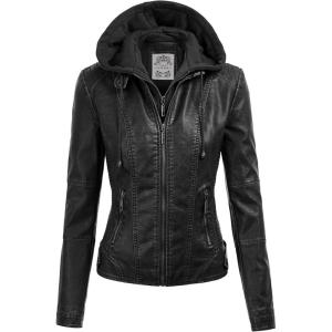 Made By Johnny Faux Leather Jacket Women Motorcycle Coat for Biker with Removable Hood(Wjc1044_black)
