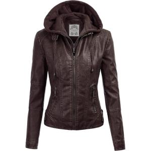 Made By Johnny Faux Leather Jacket Women Motorcycle Coat for Biker with Removable Hood(Wjc1044_coffee)