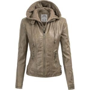 Made By Johnny Faux Leather Jacket Women Motorcycle Coat for Biker with Removable Hood(Wjc1044_khaki)