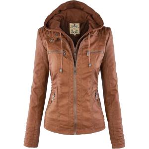 Made By Johnny Faux Leather Jacket Women Motorcycle Coat for Biker with Removable Hood(Wjc663_camel)
