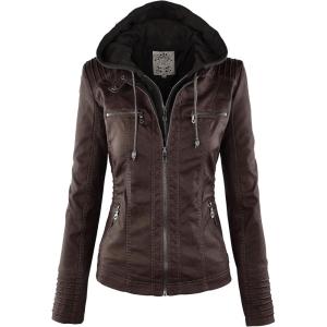 Made By Johnny Faux Leather Jacket Women Motorcycle Coat for Biker with Removable Hood(Wjc663_coffee/Ash_brown)