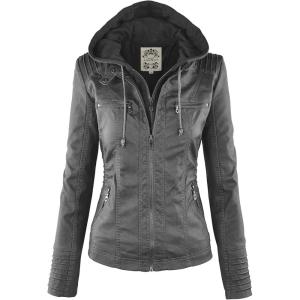 Made By Johnny Faux Leather Jacket Women Motorcycle Coat for Biker with Removable Hood(Wjc663_grey)