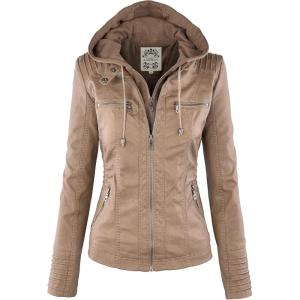 Made By Johnny Faux Leather Jacket Women Motorcycle Coat for Biker with Removable Hood(Wjc663_khaki)