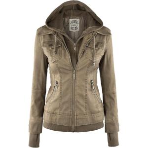 Made By Johnny Faux Leather Jacket Women Motorcycle Coat for Biker with Removable Hood(Wjc664_khaki)
