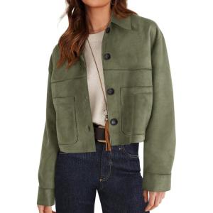 PRETTYGARDEN Women’s Faux Suede Cropped Jacket Casual Lightweight Fall Fashion 2026 Winter Coats Outerwear Trendy Clothes(Army Green)