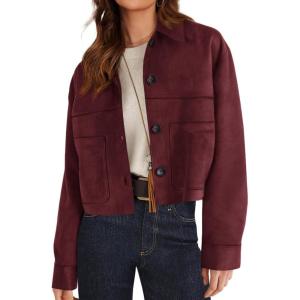 PRETTYGARDEN Women’s Faux Suede Cropped Jacket Casual Lightweight Fall Fashion 2026 Winter Coats Outerwear Trendy Clothes(Burgundy)