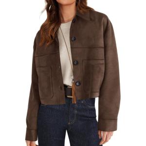 PRETTYGARDEN Women’s Faux Suede Cropped Jacket Casual Lightweight Fall Fashion 2026 Winter Coats Outerwear Trendy Clothes(Dark Brown)