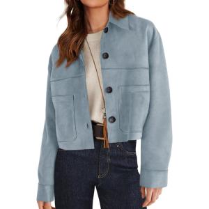PRETTYGARDEN Women’s Faux Suede Cropped Jacket Casual Lightweight Fall Fashion 2026 Winter Coats Outerwear Trendy Clothes(Light Blue)