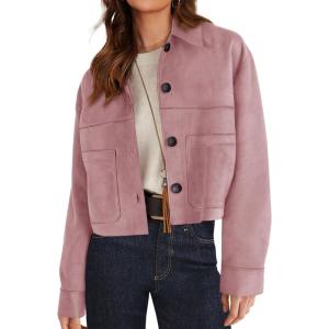 PRETTYGARDEN Women’s Faux Suede Cropped Jacket Casual Lightweight Fall Fashion 2026 Winter Coats Outerwear Trendy Clothes(Pink)