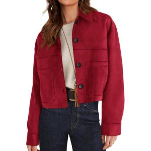 PRETTYGARDEN Women’s Faux Suede Cropped Jacket Casual Lightweight Fall Fashion 2026 Winter Coats Outerwear Trendy Clothes(Red)