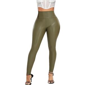 RIOJOY Womens Sexy Leather Leggings PU High Waist Butt Lifting Pleather Pants Stretchy Faux Leather Tights Push Up(A-matt Dark Green)