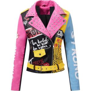 RISISSIDA Women Faux Leather Jacket Studded Rivet Spring Fall Fashion, Hip-Length Moto Biker Trendy Clothes Streetwear Belted(75 Black-pink)