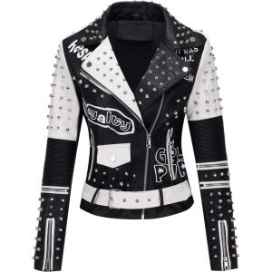 RISISSIDA Women Faux Leather Jacket Studded Rivet Spring Fall Fashion, Hip-Length Moto Biker Trendy Clothes Streetwear Belted(76 Black-white)