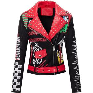 RISISSIDA Women Faux Leather Jacket Studded Rivet Spring Fall Fashion, Hip-Length Moto Biker Trendy Clothes Streetwear Belted(79 Black-red)