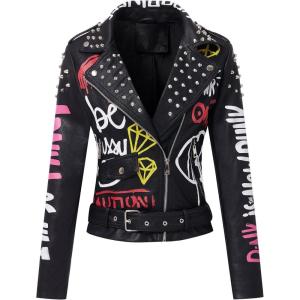 RISISSIDA Women Faux Leather Jacket Studded Rivet Spring Fall Fashion, Hip-Length Moto Biker Trendy Clothes Streetwear Belted(80 Black)