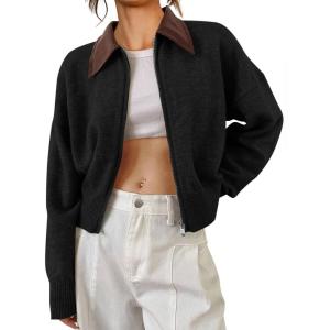 Saodimallsu Womens Zip Up Barn Jacket Cropped Faux Leather Collared Open Front Long Sleeve Fall Cardigan Sweaters(Black)