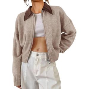 Saodimallsu Womens Zip Up Barn Jacket Cropped Faux Leather Collared Open Front Long Sleeve Fall Cardigan Sweaters(Khaki)