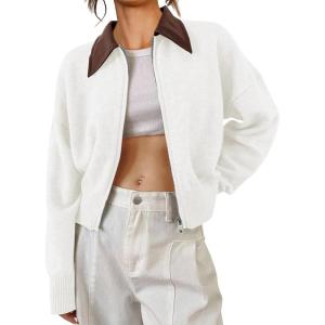 Saodimallsu Womens Zip Up Barn Jacket Cropped Faux Leather Collared Open Front Long Sleeve Fall Cardigan Sweaters(White)