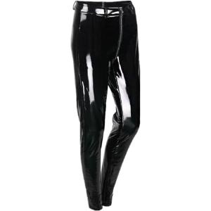 Sorrica Women’s Sexy Shiny Faux Leather Gothic Punk Wet Look Legging Pants Front Zipper(Black)