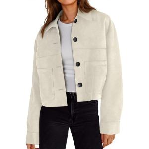 Tankaneo Womens Cropped Faux Suede Leather Jackets Lapel Collar Button Down Short Coats Fall Winter Vintage Trendy Shackets(Beige)