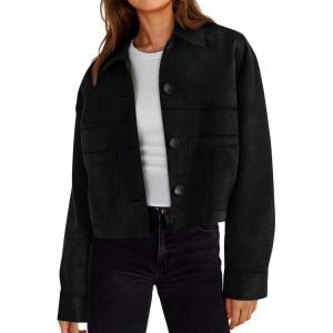 Tankaneo Womens Cropped Faux Suede Leather Jackets Lapel Collar Button Down Short Coats Fall Winter Vintage Trendy Shackets(Black)