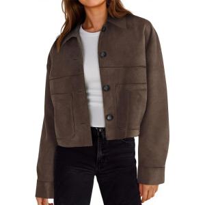Tankaneo Womens Cropped Faux Suede Leather Jackets Lapel Collar Button Down Short Coats Fall Winter Vintage Trendy Shackets(Coffee)