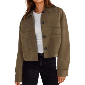 Tankaneo Womens Cropped Faux Suede Leather Jackets Lapel Collar Button Down Short Coats Fall Winter Vintage Trendy Shackets(Dark Brown)