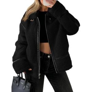 Tankaneo Womens Faux Fur Jackets Winter Trendy Sherpa Moto Leather Patchwork Zip Up Coat(Black)