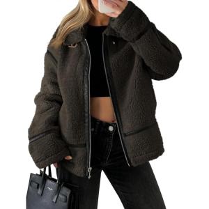 Tankaneo Womens Faux Fur Jackets Winter Trendy Sherpa Moto Leather Patchwork Zip Up Coat(Brown)