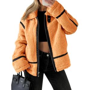 Tankaneo Womens Faux Fur Jackets Winter Trendy Sherpa Moto Leather Patchwork Zip Up Coat(Orange)