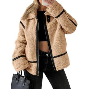 Tankaneo Womens Faux Fur Jackets Winter Trendy Sherpa Moto Leather Patchwork Zip Up Coat(Red&brown)
