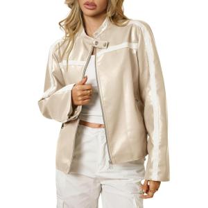 Tankaneo Womens Faux Leather Bomber Jackets Zip Up Color Block Moto Biker Jacket Casual Vintage Y2K Racing Coat(Apricot)