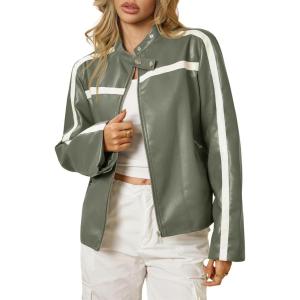 Tankaneo Womens Faux Leather Bomber Jackets Zip Up Color Block Moto Biker Jacket Casual Vintage Y2K Racing Coat(Army Green)