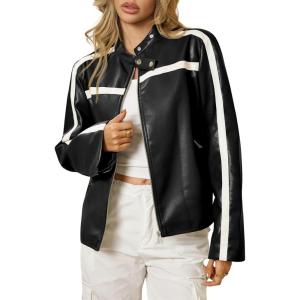 Tankaneo Womens Faux Leather Bomber Jackets Zip Up Color Block Moto Biker Jacket Casual Vintage Y2K Racing Coat(Black)