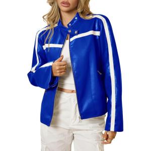 Tankaneo Womens Faux Leather Bomber Jackets Zip Up Color Block Moto Biker Jacket Casual Vintage Y2K Racing Coat(Blue)