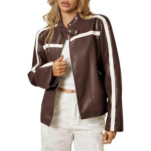 Tankaneo Womens Faux Leather Bomber Jackets Zip Up Color Block Moto Biker Jacket Casual Vintage Y2K Racing Coat(Brown)