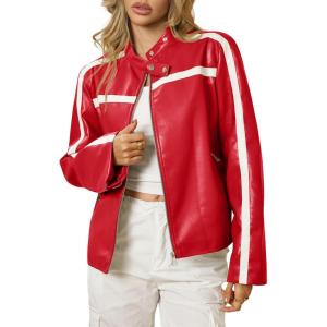 Tankaneo Womens Faux Leather Bomber Jackets Zip Up Color Block Moto Biker Jacket Casual Vintage Y2K Racing Coat(Red)