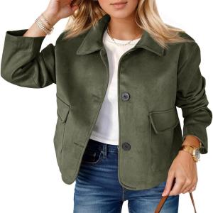 Tankaneo Womens Faux Suede Leather Jackets Casual Cropped Coats Vintage Button Down Shackets(Army Green)