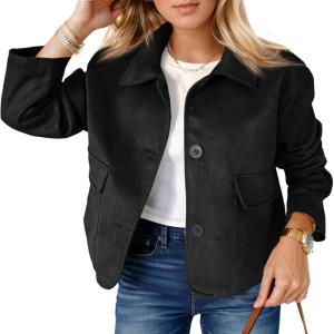 Tankaneo Womens Faux Suede Leather Jackets Casual Cropped Coats Vintage Button Down Shackets(Black)